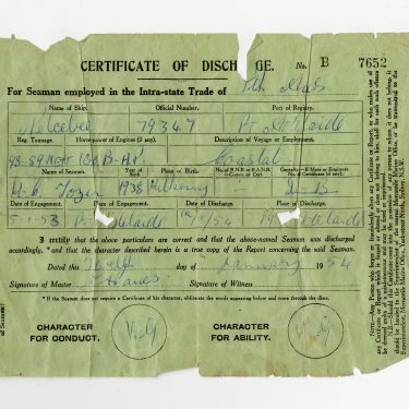 Certificate of Discharge - H. Tozer, Nelcebee, 1954, SA Maritime Musuem Collection