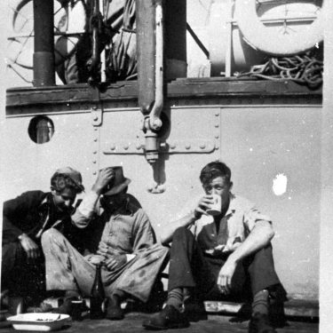 Nelcebee crew enjoying a lager, 1945, Ron Thiele Collection