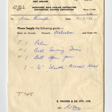 Order from R.Fricker & Co. to William Russells, 1969, SA Maritime Museum Collection